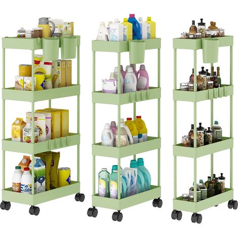Lot de 3 Chariot de Rangement à 4 Niveaux à roulettes avec Crochets et Suspendues Amovibles pour Salon/Salle de Bain/Salle de Bain/Buanderie/Cuisine/Bureau (Vert) (1/5)