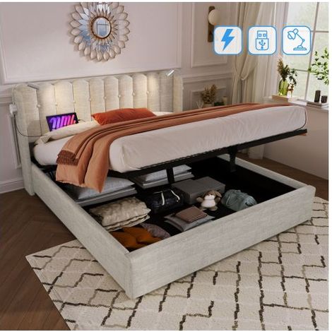 Lit coffre - SOGEU - 140x200 - Tissu lin beige - Sommier à lattes & grand rangement - Liseuse orientable, 2 ports USB (1/5)