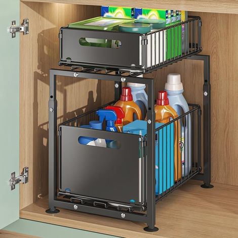Rangement Sous évier à 2 Niveaux,Organiseur de Cuisine, Étagère sous Évier, Porte-épices,Panier Coulissant en métal,pour Salle Bain,Chambre (29 x 38 49 cm (noir)) 29 X Cm (Noir) -'29 X 38 X 49 Cm (Noi
