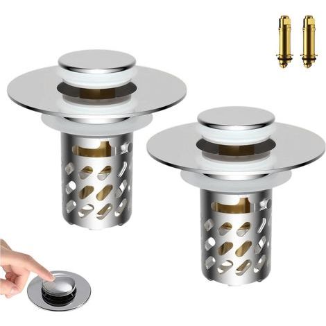 Universeller, klappbarer Waschbeckenablauf, Edelstahl-Sieb mit herausnehmbarem Filterkorb für Waschbecken mit einer Tiefe von 2,8 bis 6 cm, mit Druckknopf, Haarfänger, 2er-Pack (1/5)