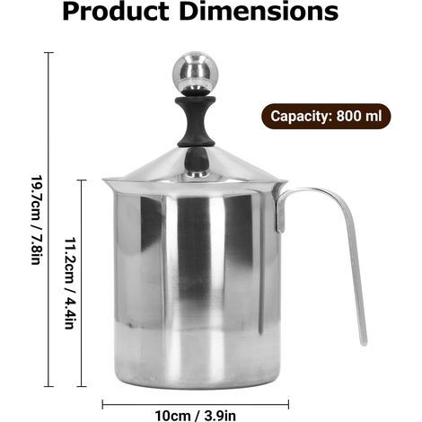 Fouet à Lait Manuel, Pichet à Mousseur à Lait Mousseur à Lait Manuel En Acier Inoxydable 800ml Tasse à Mousseur à Double Couche Pour Mousseurs à Lait Latte Art (1/4)