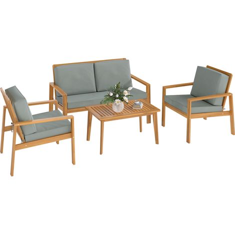 Outsunny 4 Pieces Wooden Garden Furniture Set with Cushions, Teak (1/5)