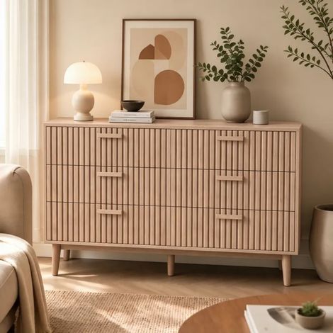 Buffet de rangement, Commode à 6 tirtors 100 x 34 x 73 cm, Meuble bas, Armoire Tiroirs, Buffet pour Salon, Chambre, Salle à Manger, couleur bois naturel