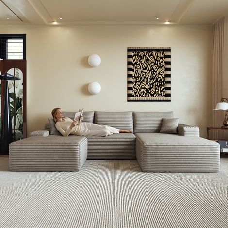 Sofá modular de 4 plazas de pana con asiento profundo y chaise longue derecha, sin montaje, camel