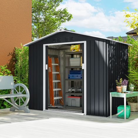 Abri de jardin en métal 2 porte coulissante gris foncé 77 m² cabane de jardin avec fondation 213 x 130 x 185 cm aménagement intérieur