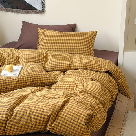 Housse de Couette 220x240cmVichy Marron Jaune à Carreaux Parure de Lit 2 Personnes Ado Adulte Sets de Housse de Couettes en Microfibre avec Fermeture Éclair et 2 Taies d'oreiller 65x65cm