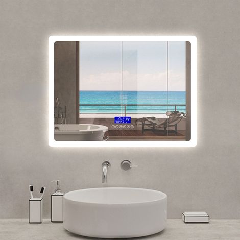 Acezanble Miroir lumineux 50 x 70cm, bluetooth + 3 couleurs + dimmable + horloge + anti-buée + mémoire, miroir salle de bain (1/5)