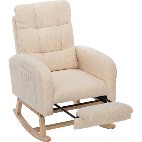 Poltrona a Dondolo in Bouclé, Schienale Alto e Braccioli, Tasca Laterale, Legno Massello, Beige (1/5)