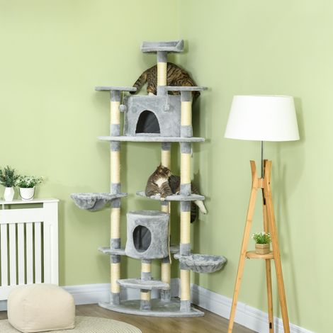 Tiragraffi in sisal e peluche grigio chiaro, design 2 in 1, multi-livello per graffiare, riposare e giocare, 60 x 60 x 200 cm (1/5)