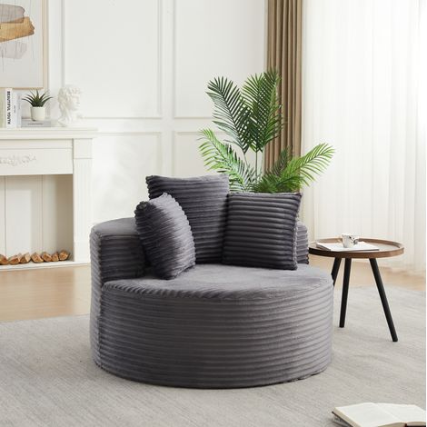 Poltrona lounge rotonda in velluto a coste grigio 110 x 110 x 82 cm con 3 cuscini HAVRYA (1/5)