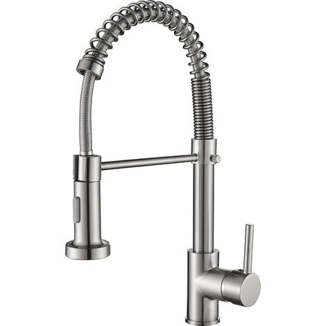 Rubinetto da cucina a molla con doccetta estraibile, 2 getti, miscelatore monocomando per lavello con arco alto (nichel spazzolato) (1/3)