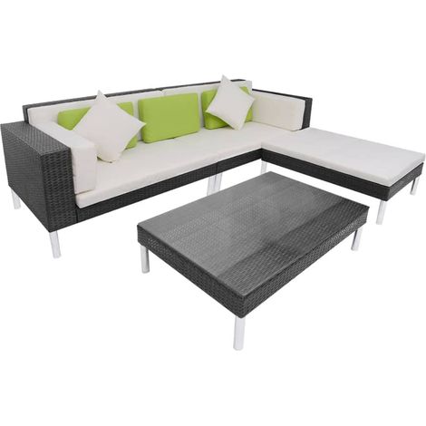 4-tlg. Garten-Lounge-Set mit Auflagen Poly Rattan Schwarz