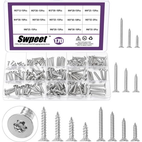 170Pcs 14 tailles argent 304 en acier inoxydable tête plate Torx vis Kit d'assortiment, Sécurité Anti-vol Tamper Proof Vises, Torx Drive Auto Tapping Vides en bois pour le bois, Métal doux (1/5)