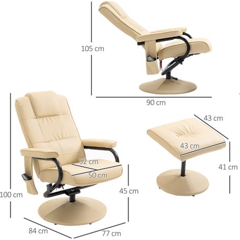 Fauteuil relax avec fonction inclinable, fauteuil de massage, siège télé, canapé TV massant, repose-pieds, similicuir, blanc crème, 77x84x95cm (1/5)