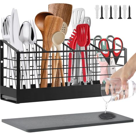 Porte-ustensiles de cuisine 4 compartiments, organiseur de couverts avec base en diatomite, rangement mural ou sur comptoir, grand tiroir à outils de cuisine noir (1/5)