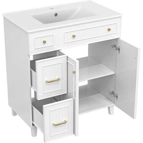 Mobile bagno con lavabo in ceramica 81,7 cm bianco, MDF laccato, piedini in legno (1/5)