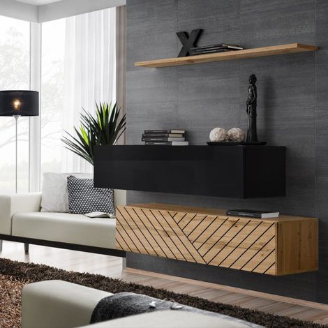 Lot de 2 Bancs Muraux & Étagère "Switch SBII" 130cm Naturel Rainuré & Noir (1/5)