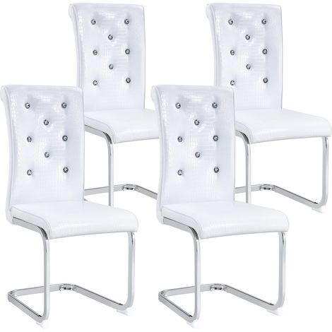Silla de comedor con tapizado PVC efecto cocodrilo, respaldo con botones de cristal, metal cromado blanco (1/5)
