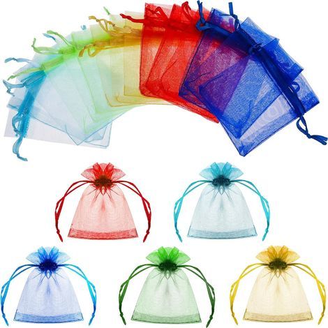 50 petits sachets en organza, 7 x 9 cm, couleurs assorties, avec cordon de serrage, parfaits pour les bijoux, les mariages, les fêtes, les bonbons, les coquillages, les chocolats - sachets filet (1/5)