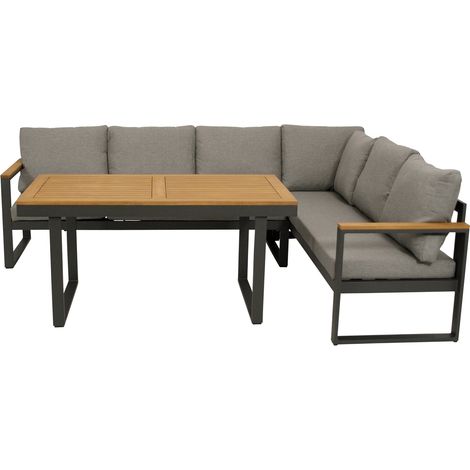 KAMPALA: Funktiosn Eckbank- Set (1x Ecksofa 252x187cm, 1x Dining Tisch 140x70x68cm) Alu anthrazit, mit Polsterauflagen grau, Armlehnen + Tischplatte Akazie
