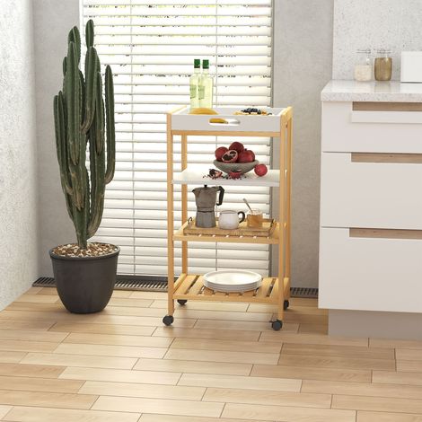 Carrito de cocina con ruedas, 3 estantes + bandeja extraíble, madera de pino blanco y MDF.