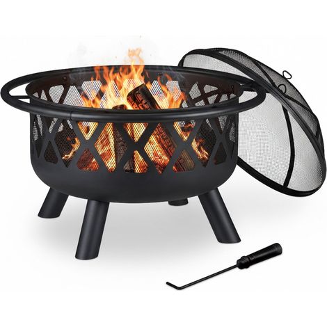 Relaxdays Feuerschale mit Funkenschutz, Garten & Terrasse, mit Schürhaken, Outdoor Feuerstelle, Stahl, Ø 75 cm, schwarz