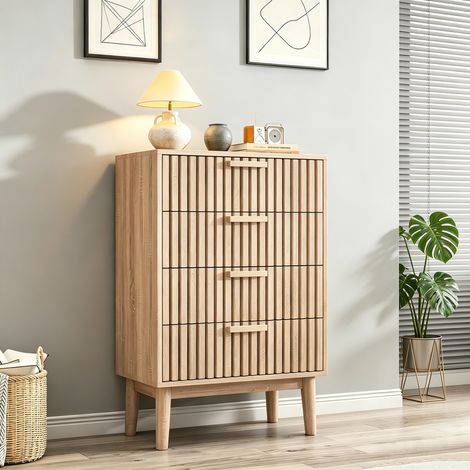 Commode à 4 tiroirs – 60x34x91 cm, Grand rangement avec poignées en bois, dispositif anti-basculement, cadre en bois massif pour salons et couloirs, bois naturel (1/5)