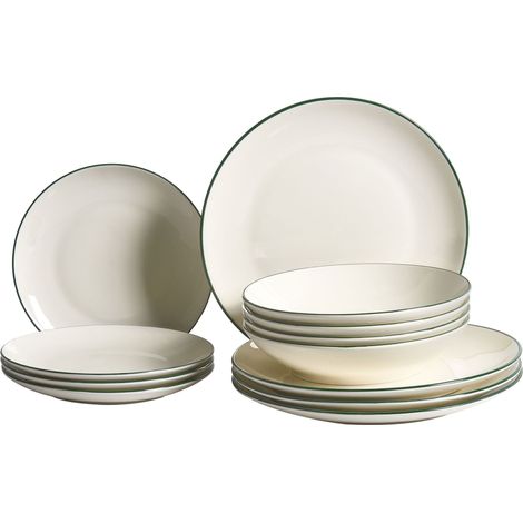 Set of 12 Dinnerware Off-White and Green Decorative Edges Porcelain Transparent Glaze Finish Kitchen Dining Room CUMIN