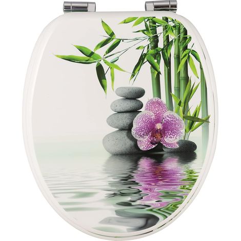 WOLTU Universale Copriwater in Legno Sedile WC Coperchio Tavoletta Copri WC Bianco con strisce Fiori e Pietre