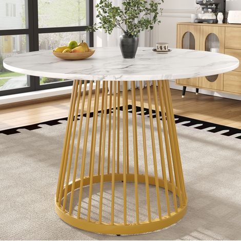 Mesa de comedor 80x80x76 cm blanco y dorado en MDF y metal con patas ajustables (1/5)