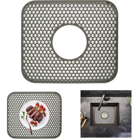 Tapis d'évier pliable en silicone gris foncé, tapis égouttoir, tapis de cuisine antidérapant et résistant à la chaleur, pour vaisselle et verres (trou central) (1/5)