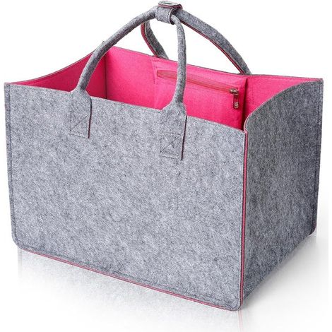 Bolsa de fieltro，30 litros，bolsa de fieltro grande，bolsa de compras con compartimento con cremallera，fieltro plegable con asa，gris + rosa (1/5)