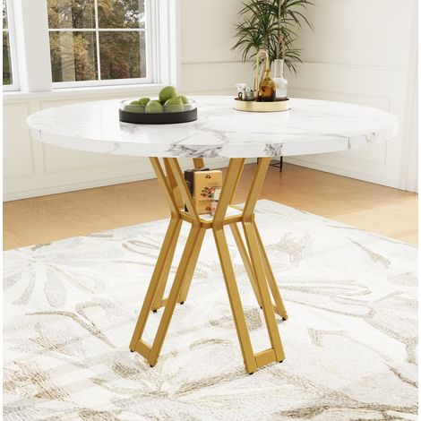 Table à manger ronde 100 x 100 x 76 cm, plateau MDF effet marbre, pieds métal dorés DESVIAE (1/5)