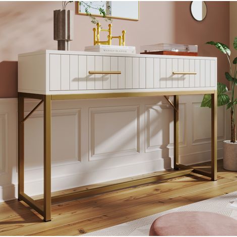 Cómoda tocador blanca con 2 cajones, base metálica y patas ajustables, estilo moderno con frentes acanalados, ideal para dormitorio pequeño, de CHICFURN (1/5)