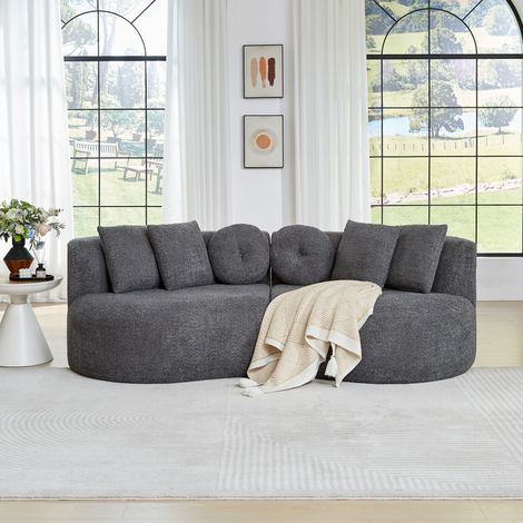 Sofá modular de 2 piezas en chenilla gris con 6 cojines y respaldo curvo (1/5)