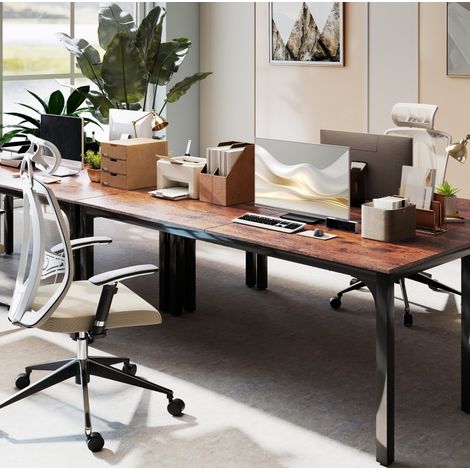 Bureau informatique 200x60x75 cm en bois brun rustique, moderne pour bureau FLORAGRACE (1/5)