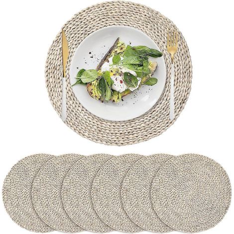 Lot de 6 sets de table ronds en fibres de maïs tressées, en rotin naturel. (1/5)