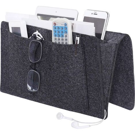 Gris foncé Organisateur de Caddie, Poche de Lit Caddie de Chevet en Feutre Bedside Pocket Sac de Rangement avec Câble de Recharg pour Téléphone, Télécommande, Journal, Stylo, Magazine, Lunnettes (1/5)