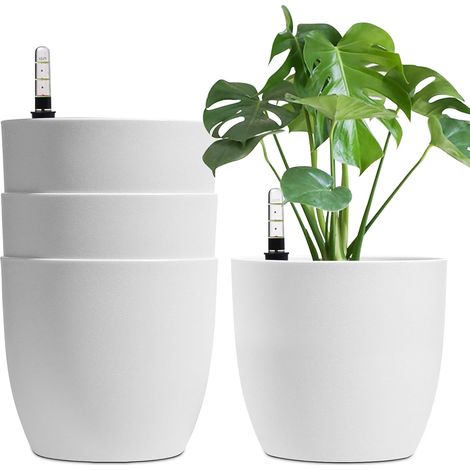Pots de Fleurs Auto-Arrosants 22 cm Lot de 4 avec Réservoir d’Eau Indicateur de niveau, Usage intérieur et extérieur, Arrosage régulier, Coloris blanc (1/5)