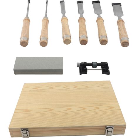 Coffret de ciseaux à bois, 6 tailles, ciseaux à sculpter avec pierre à aiguiser, guide d'affûtage et coffret de rangement en bois. (1/5)