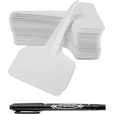 100 pièces Etiquettes Plantes, Etiquette Semis, 6 x 10 cm Type T Plastique Etiquette Potager avec Stylo étanche Etiquetage Réutilisable(Blanc 100pcs)