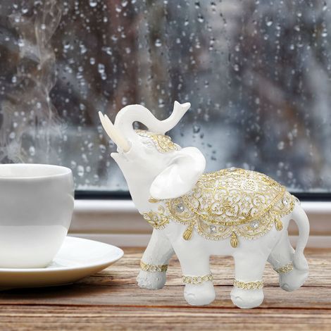 Statue d'Eléphant Blanc Résine Élégante Sculpture Chanceuse pour Entrée Bibliothèque Bureau Déco Maison - [Statue d'Éléphant] + [Premium Résine] + [Model Éléphant Chanceux] (1/5)