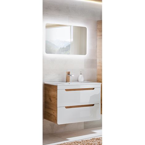 Badezimmer Waschplatz Set 81 cm 2-teilig Hochglanz weiß inkl. Keramikwaschtisch LUTON-56, B/H/T ca. 81/200/46 cm (1/5)