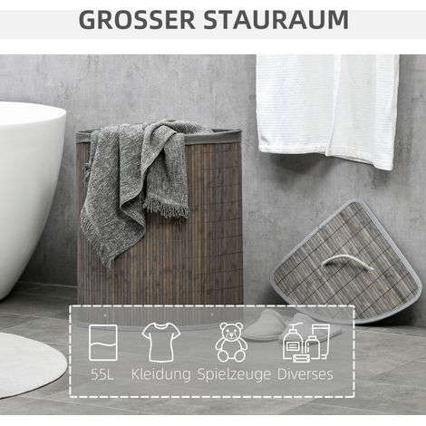 Panier à linge 55 L avec couvercle, anse et sac amovible pour salle d'eau, en bambou gris