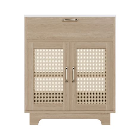 Meuble de bain naturel 76cm sur pieds, porte en rotin et lavabo céramique (1/5)