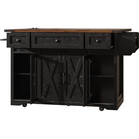 Îlot de cuisine mobile en MDF avec prise électrique, plateau extensible, 91 cm de hauteur de travail, blanc/noir (1/5)