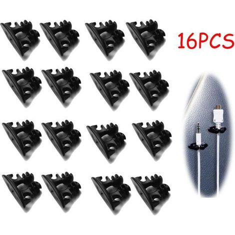 Supports de Câbles - Auto Adhésif - Noir - 16 Clips - PVC - Gestion des Câbles (1/4)