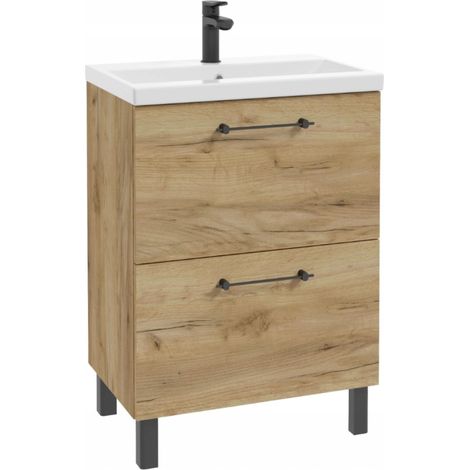 Badezimmer-Waschtisch mit Waschbecken – 50 cm – Braun – 2 Schubladen – Holzoptik