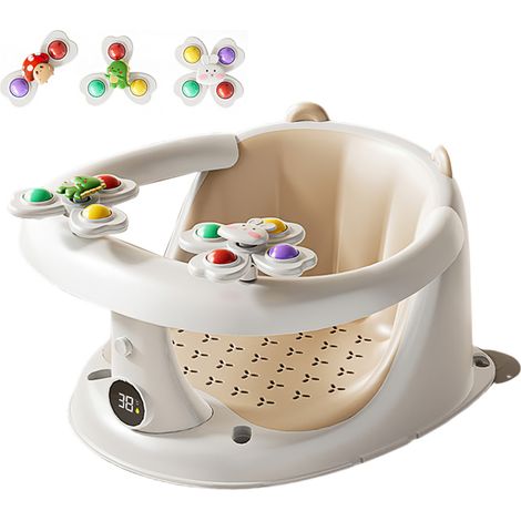 Siège de bain, Siège de bain pour bébé fermé, 4 Ventouses et Coussins, Détection température, Sécurité, Siège enveloppant à 360°