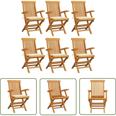 The Living Store Chaises de jardin avec coussins crème lot de 6 Bois teck massif - Chaise De Jardin - Fauteuil De Jardin - Mobilier De Jardin - Table Basse - Set De Salon De Jardin (1/5)